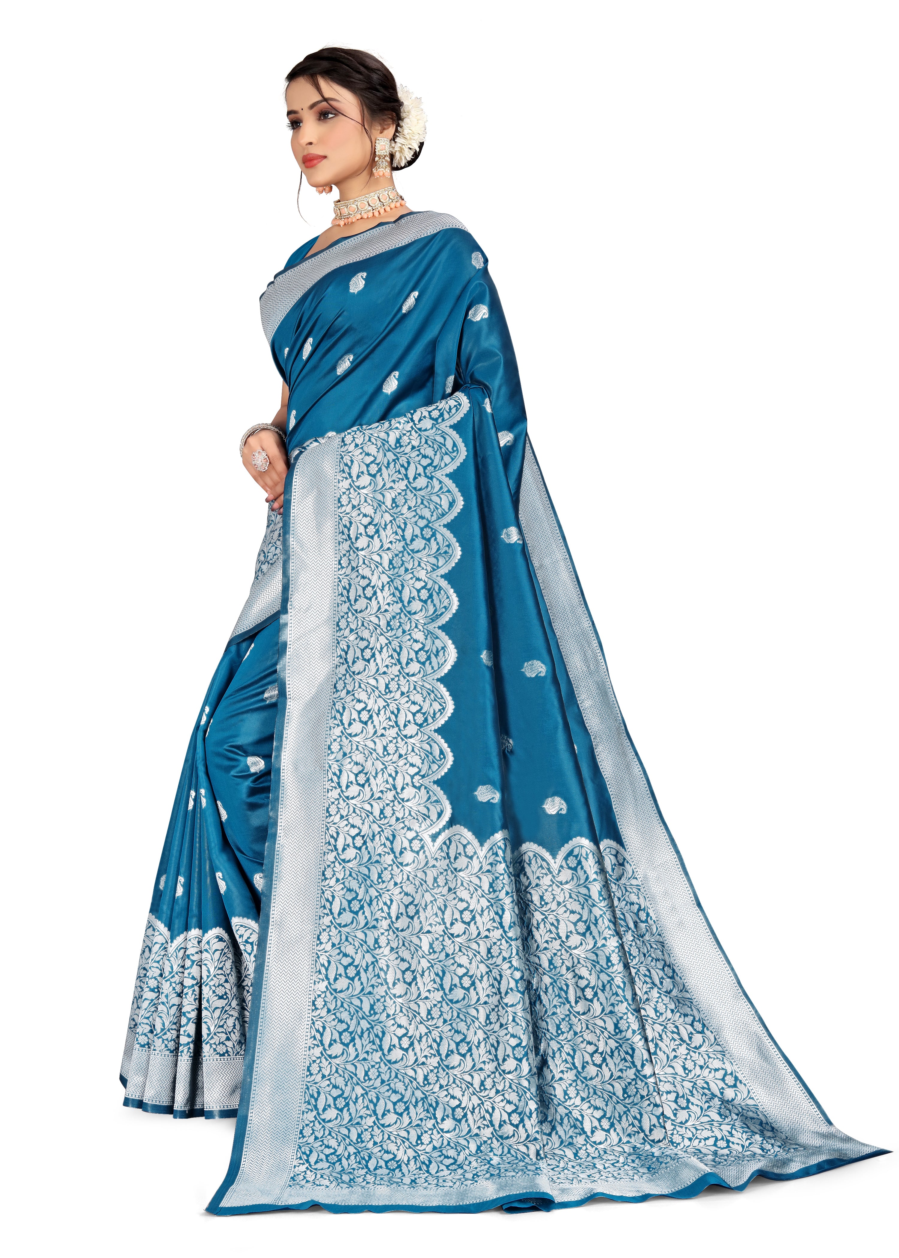 Women's Floral Woven Banarasi Silk Saree With Unstitched Blouse Piece