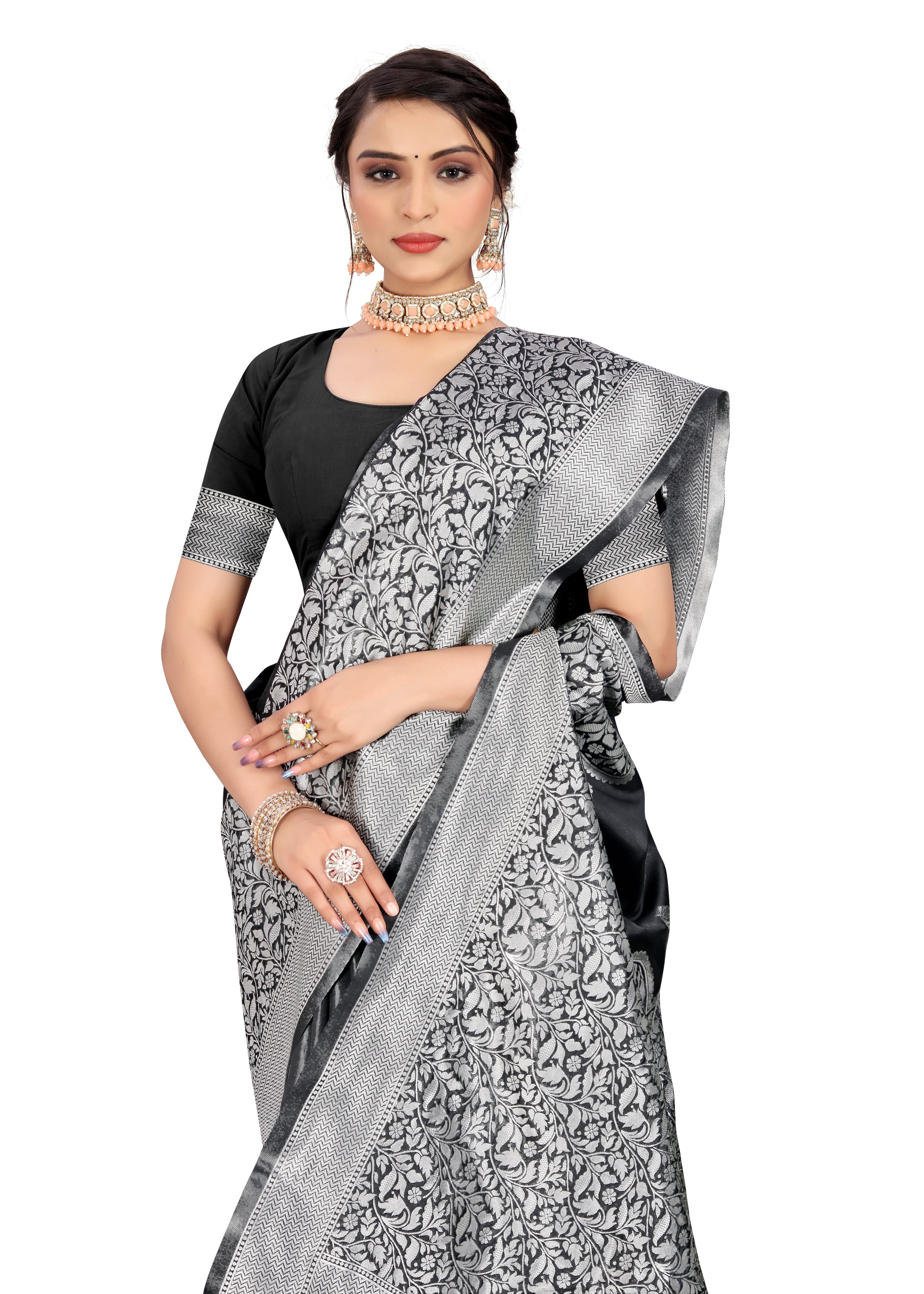 Women's Floral Woven Banarasi Silk Saree With Unstitched Blouse Piece