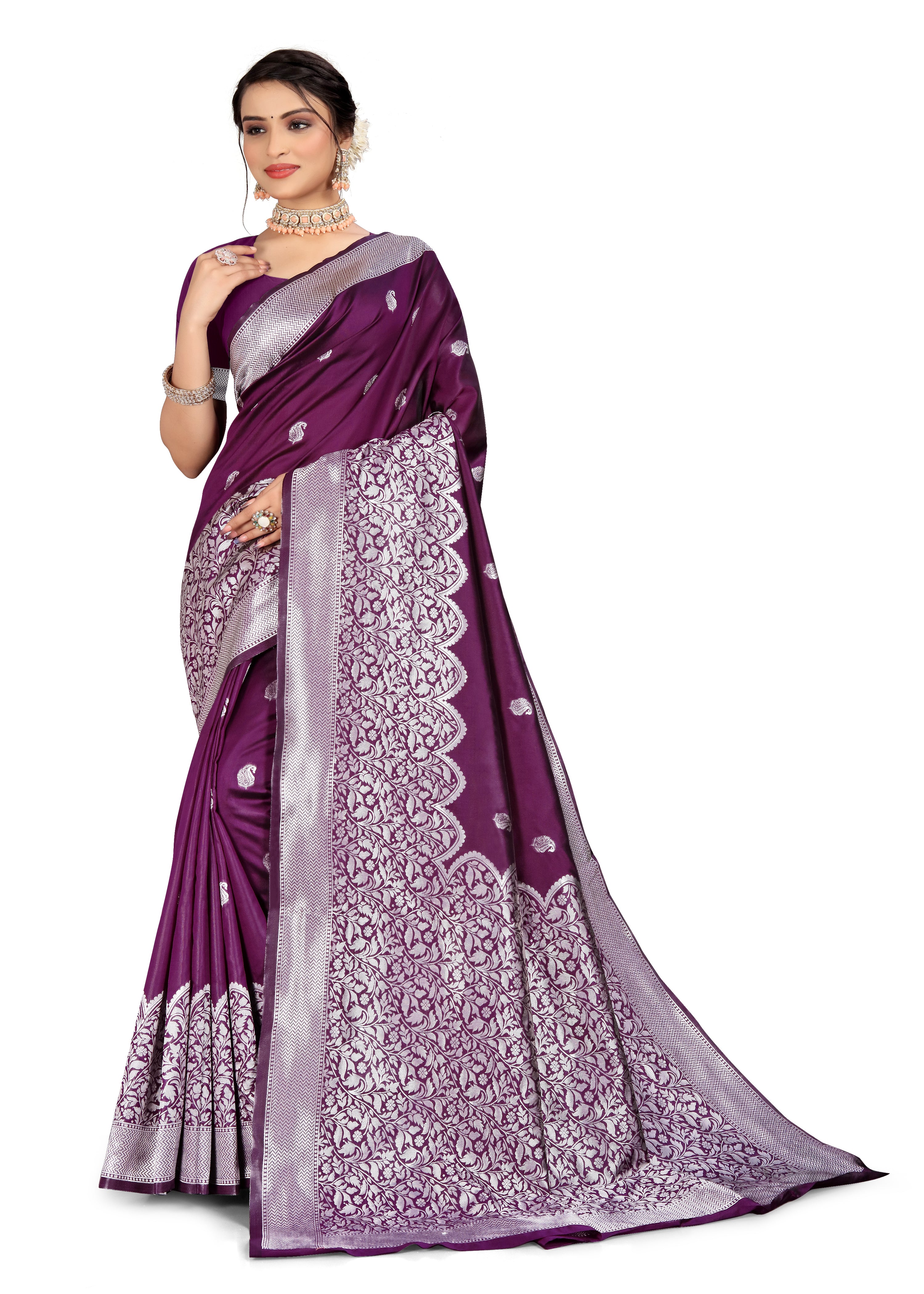 Women's Floral Woven Banarasi Silk Saree With Unstitched Blouse Piece