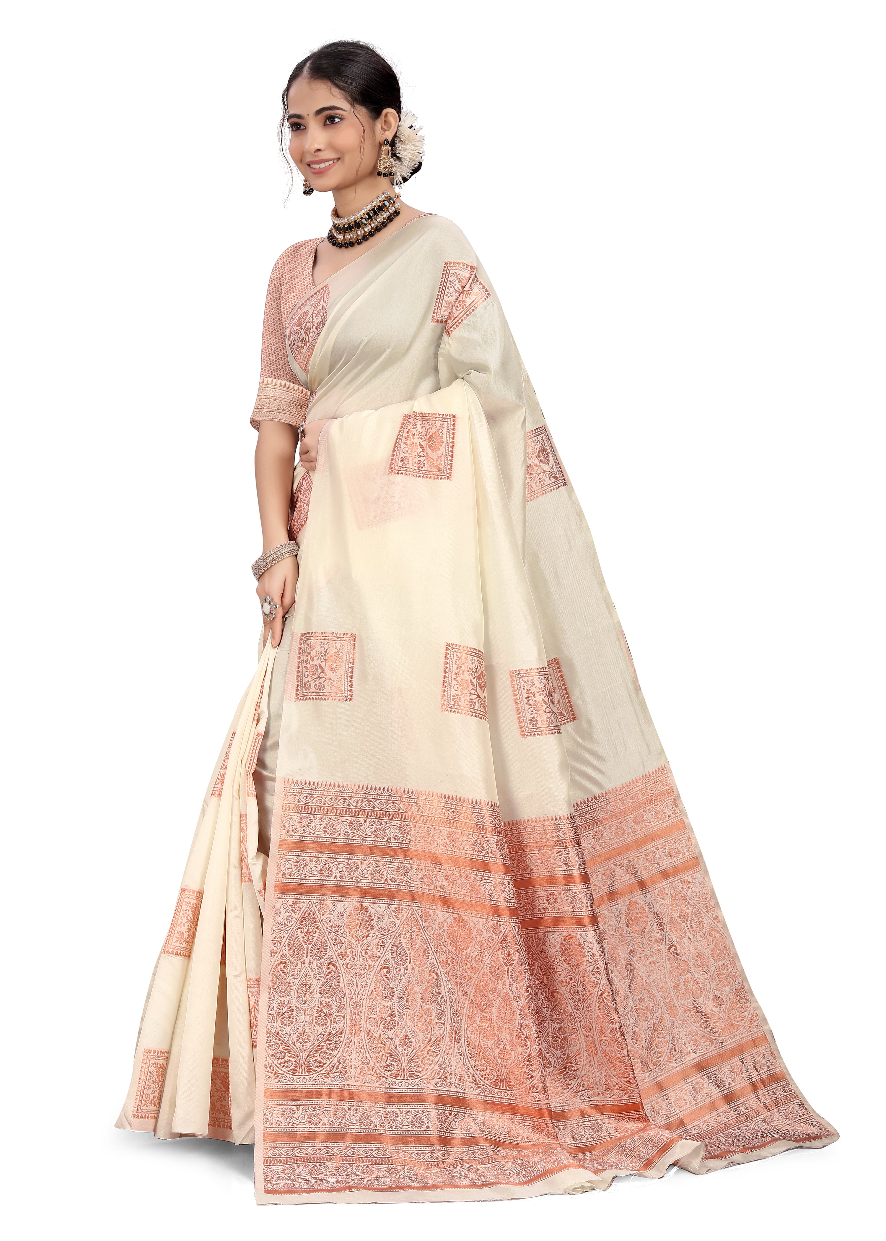 Charukriti Off-White Cotton Woven Design Saree.