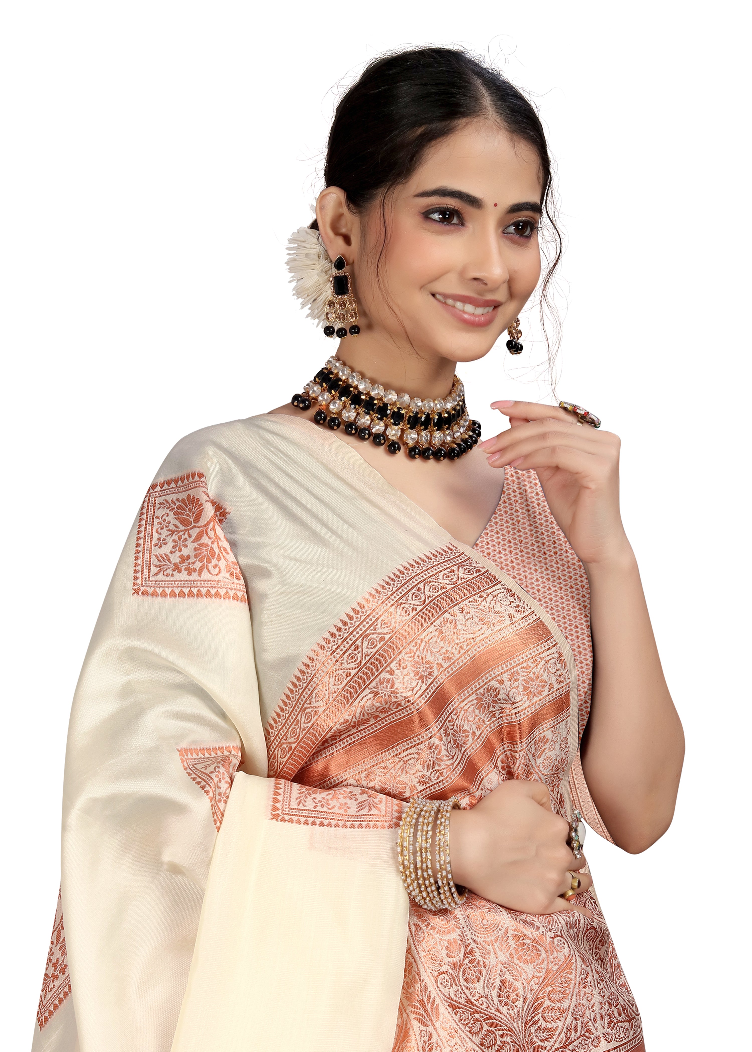 Charukriti Off-White Cotton Woven Design Saree.