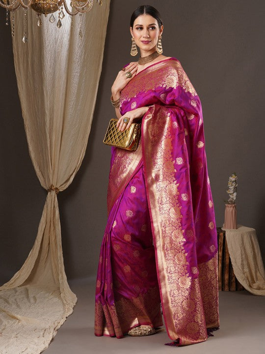 Women's Silk Blend Magenta Woven Design Designer Saree With Blouse Piece