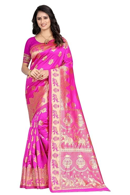 Women's Pure Soft Kanjivaram Silk Saree Banarasi Design Style With Blouse Piece