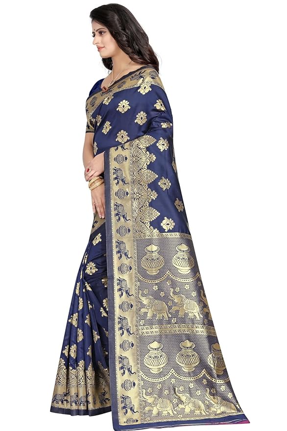Women's Pure Soft Kanjivaram Silk Saree Banarasi Design Style With Blouse Piece