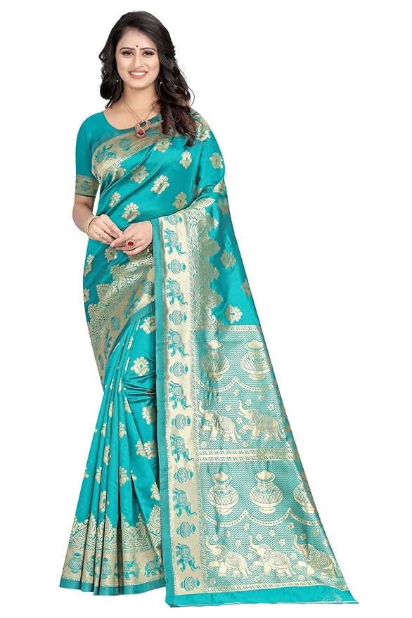 Women's Pure Soft Kanjivaram Silk Saree Banarasi Design Style With Blouse Piece