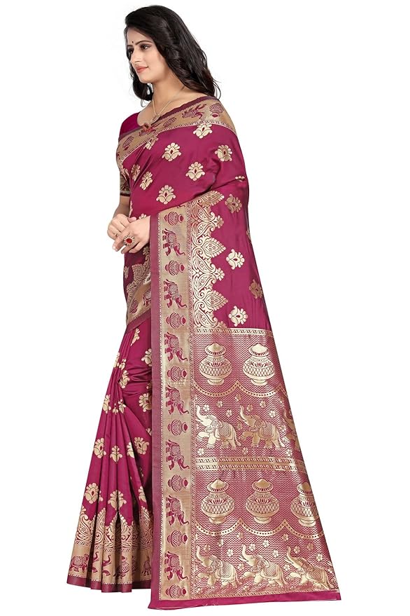 Women's Pure Soft Kanjivaram Silk Saree Banarasi Design Style With Blouse Piece