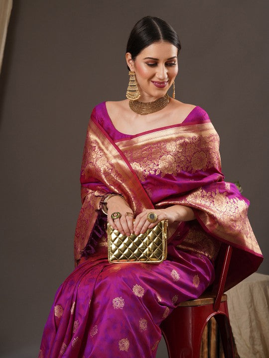 Women's Silk Blend Magenta Woven Design Designer Saree With Blouse Piece