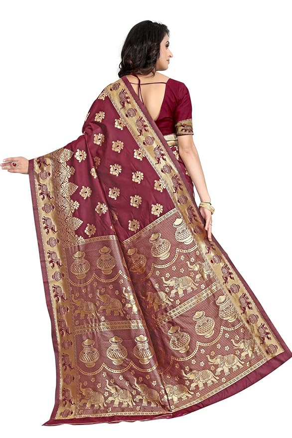 Women's Pure Soft Kanjivaram Silk Saree Banarasi Design Style With Blouse Piece
