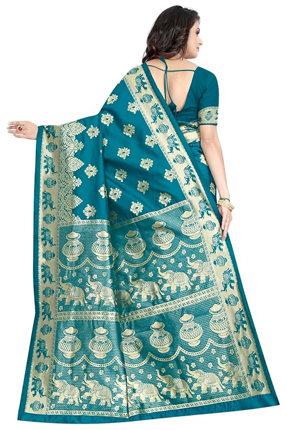 Women's Pure Soft Kanjivaram Silk Saree Banarasi Design Style With Blouse Piece
