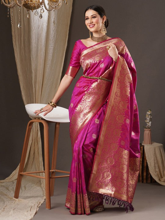 Women's Silk Blend Magenta Woven Design Designer Saree With Blouse Piece
