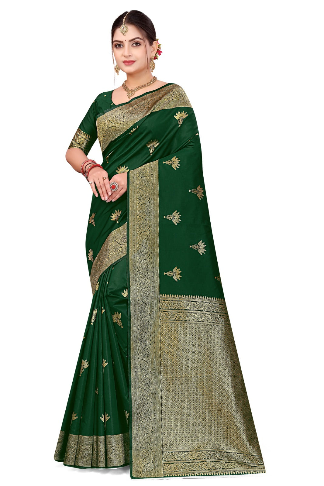 Emerald  Banarasi Silk Saree With Unstitched Blouse Piece
